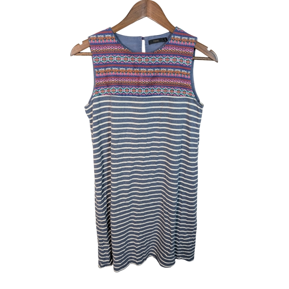 THML Coastal Stripe & Bohemian Embroidery Sleeveless Cotton Mini Dress